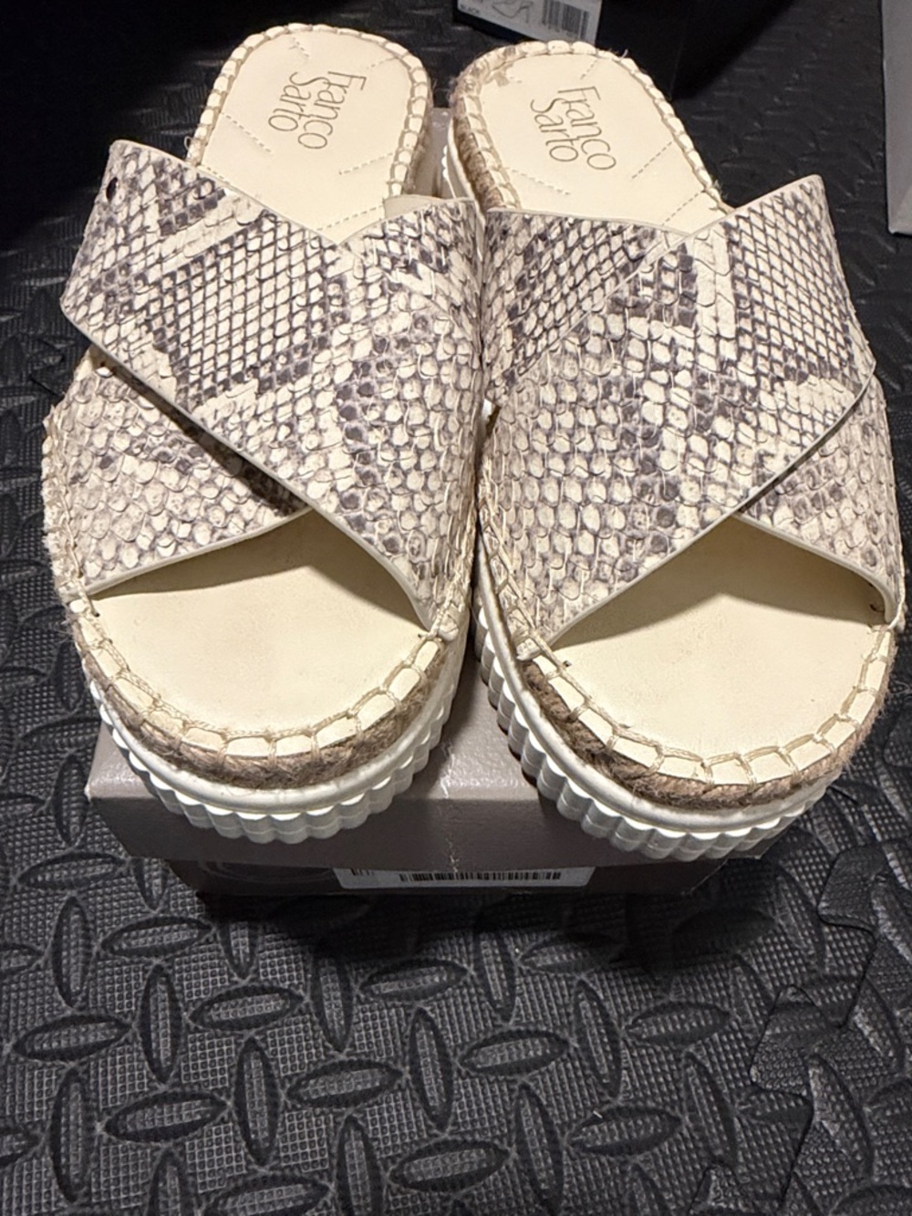 Franco Sarto Cream Snake-Print Cross-Band Platform Mules
